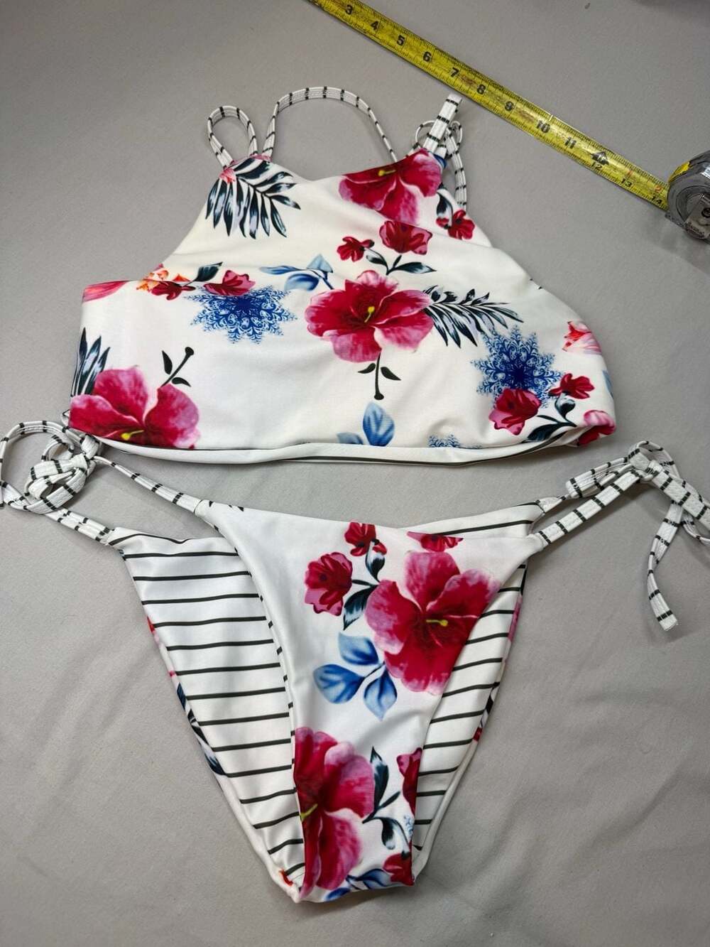 Cupshe Reversible Floral and Stripe High Neck Two-Piece Bikini Set
